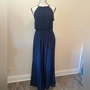 Navy Blue Striped Halter Jumpsuit